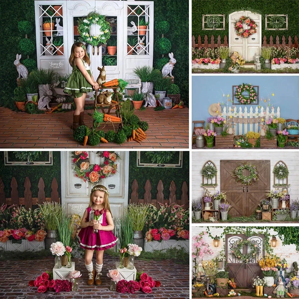 

Spring Portrait Backdrop Photoshoot Easter Rabbit Baby Kids Birthday Cake Smash Background Floral Bunny Photography Photo Studio