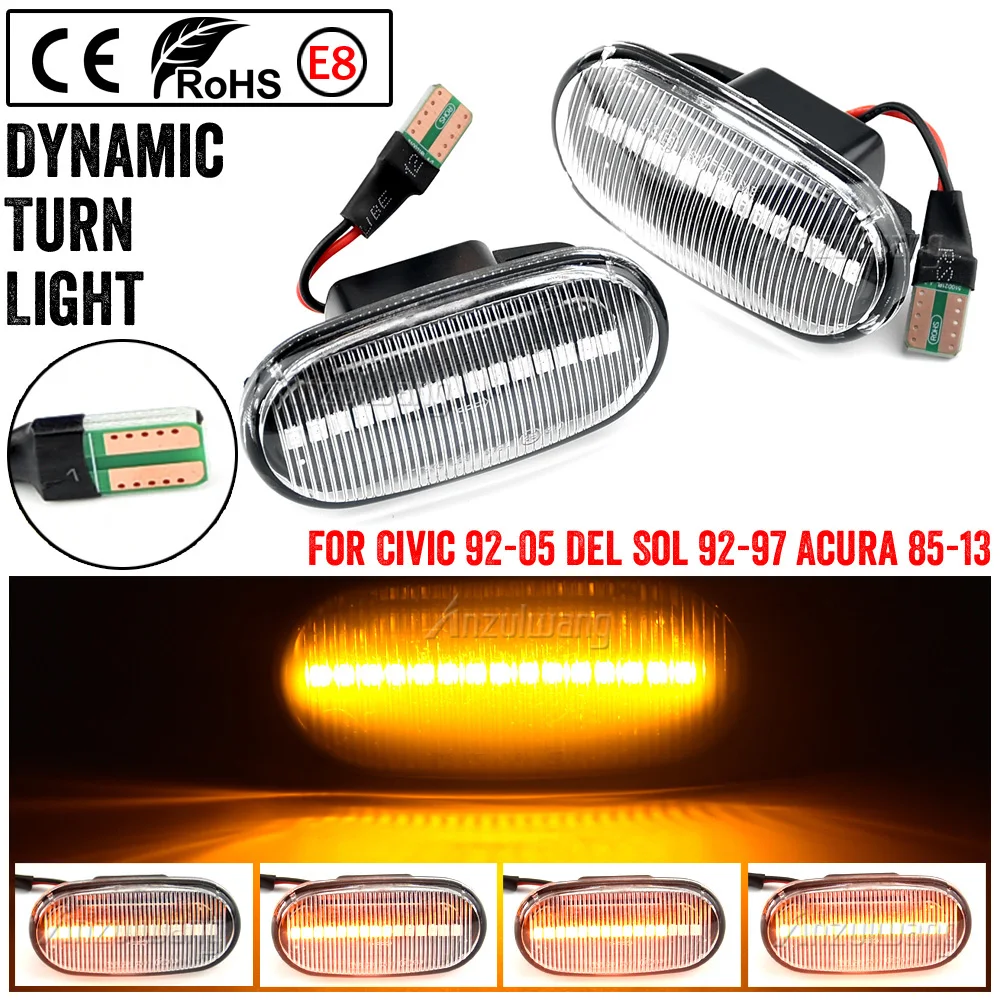 For Honda Accord Civic Fit CR-V Stream Odyssey Integra LED Side Marker Lamp Dynamic Amber Turn Signal Light 2Pcs  Smoked Lens