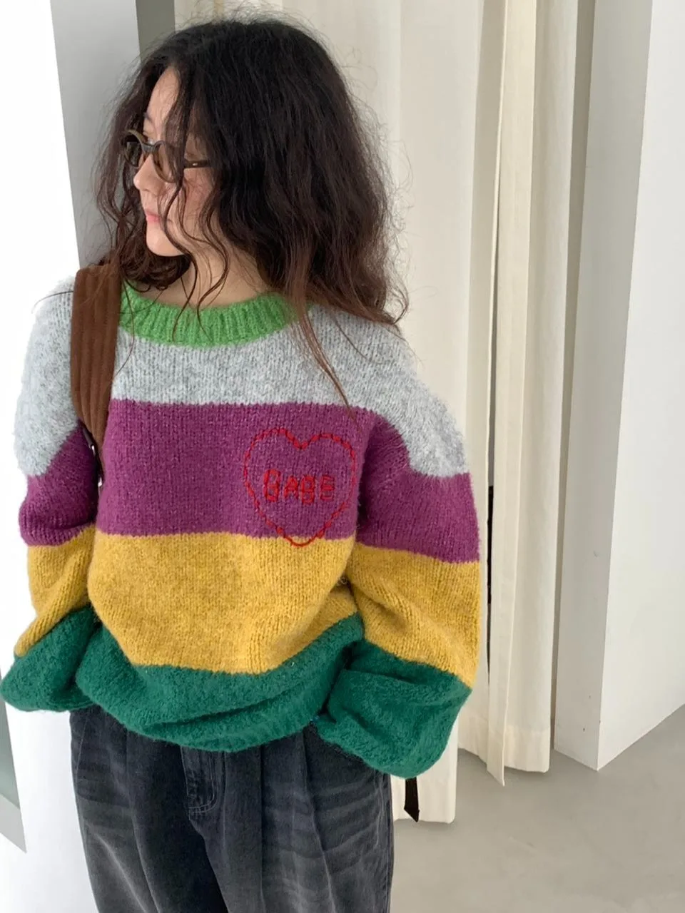

Теплый вязаный свитер с круглым вырезом, в радужную полоску, с цветными блоками, повседневный, свободного кроя, с длинными рукавами, женское осенне-зимнее пальто