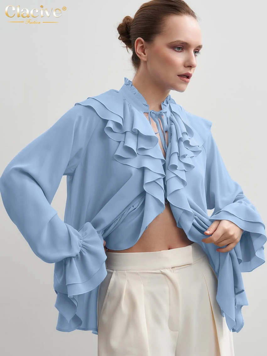 

Clacive Fashion Loose Blue Women's Shirt Autumn Stand Collar Long Sleeve Lady Blouse Elegant Classic Ruffles Top Female Clothing