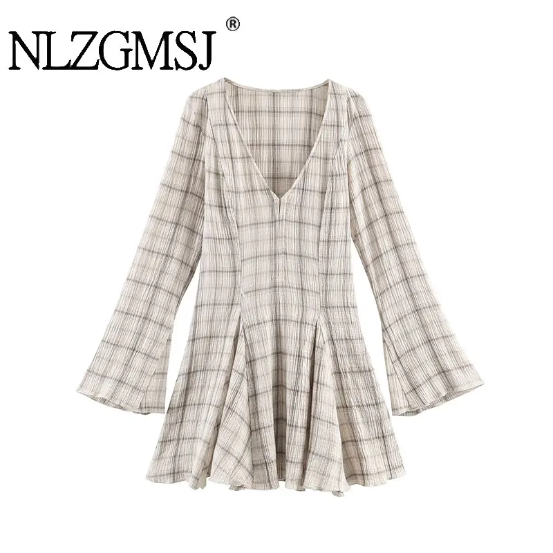 Nlzgmsj 2026 Damen Mode Vintage Kariertes Partykleid Lässiges V-Ausschnitt Glockenärmel-Kleid ﻿