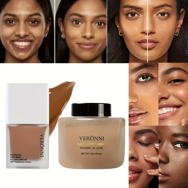 طقم بودرة وفرشاة للأساس والضبط ، جميع طبقات البشرة ، تحكم في الزيوت ، كونسيلر ، تشطيب يدوم طويلاً ، مكياج للوجه ، 3 في 1 #1