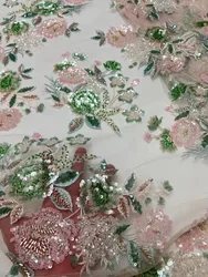 High quality ,Multicolor Embroidery With Beads French Mesh Yarn , African Nigeria Fabric Lace,For Evenign Dress ,Weddings