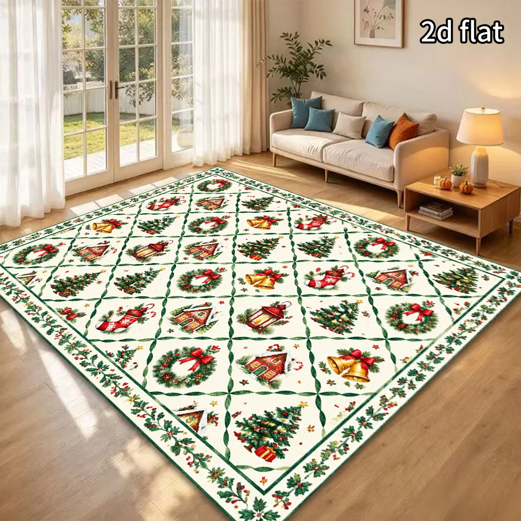2D Flat Christmas Patchwork Area Rug, White Background Wreath Bell Tree Sock Lantern Grid Print, Floor Decor for Living Room