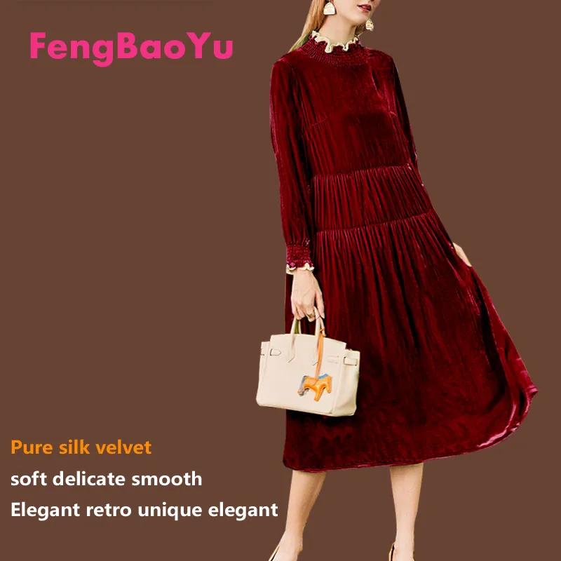 

Fengbaoyu Velvet Autumn Winter Lady's Long-sleeved Dress Medium-long Standing Collar Lotus Leaf Edge European Court Vintage 4XL