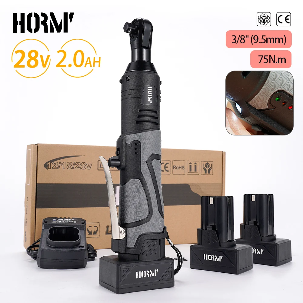 Hormy 28V Electric Ratchet Impact Wrench 3/8\'\' Right Angle 75N.m Screwdriver Nut Car Repair Power Tool With Lithium-Ion Battery