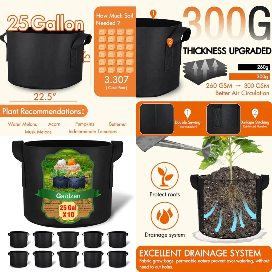 

0-Pack 25 Grow Bags, 300G Thickened Aeration Fabric Pots with Handles, Heavy Duty Cloth Pots for Plants