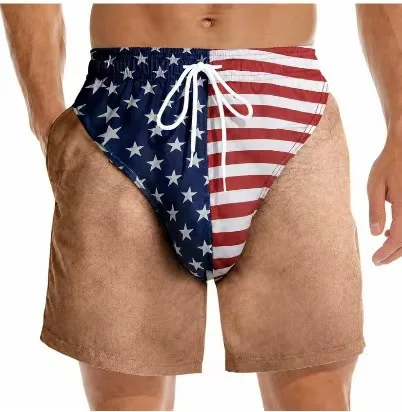 Male Y2K 2026 European and American Summer Personalized Shorts Fun Men's 3D Patriotic Print Loose Beach Trendy Casual Pants