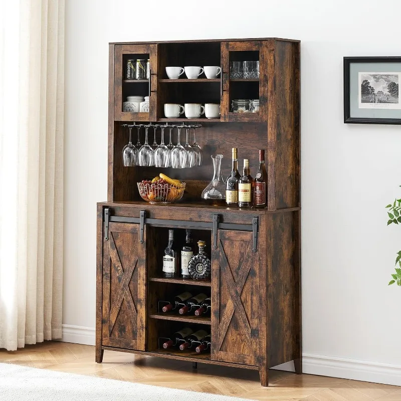 

Farmhouse Coffee Bar Cabinet with Sliding Barn Door 70" Tall Buffet Cabinet with Storage Shelves for Kitchen Dining Room Brown