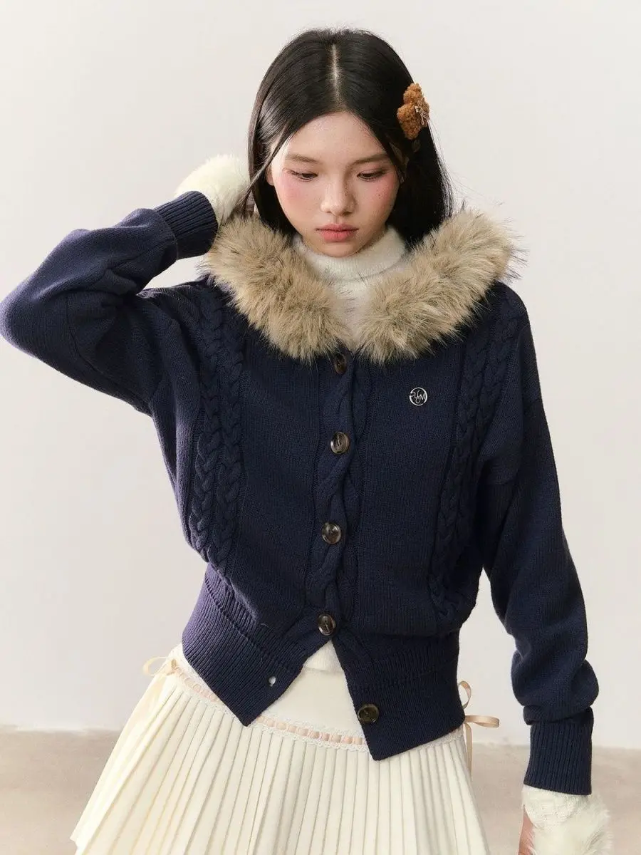 

Повседневный вязаный свитер из искусственного меха, пальто, женские осенне-зимние теплые винтажные куртки-кардиганы с капюшоном, корейская зима 2025 г.