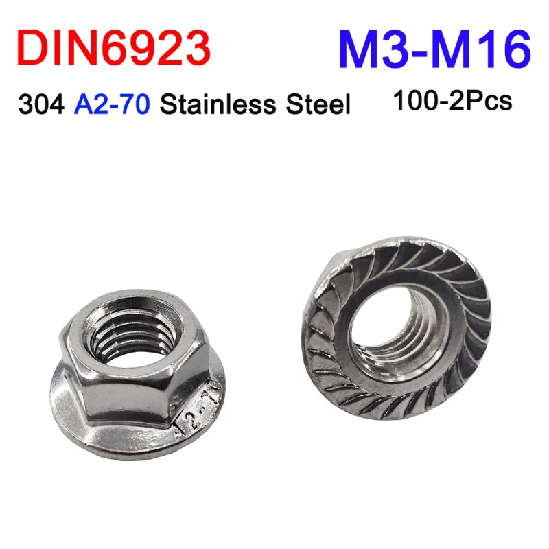 2-100Pcs Flange Nut Lock Nut M3 M4 M5 M6 M8 M10 M12 M14 M16 304 Stainless Steel Hexagon Hex Head Serrated Spinlock DIN6923