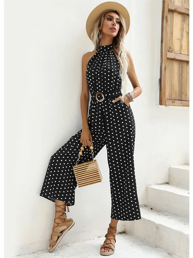 Donne di estate Casual Tuta Moda Elegante Polka Dot Stampa a gamba larga Pagliaccetto lungo Sexy Nero Halter Tuta con cintura Nuovo 2024