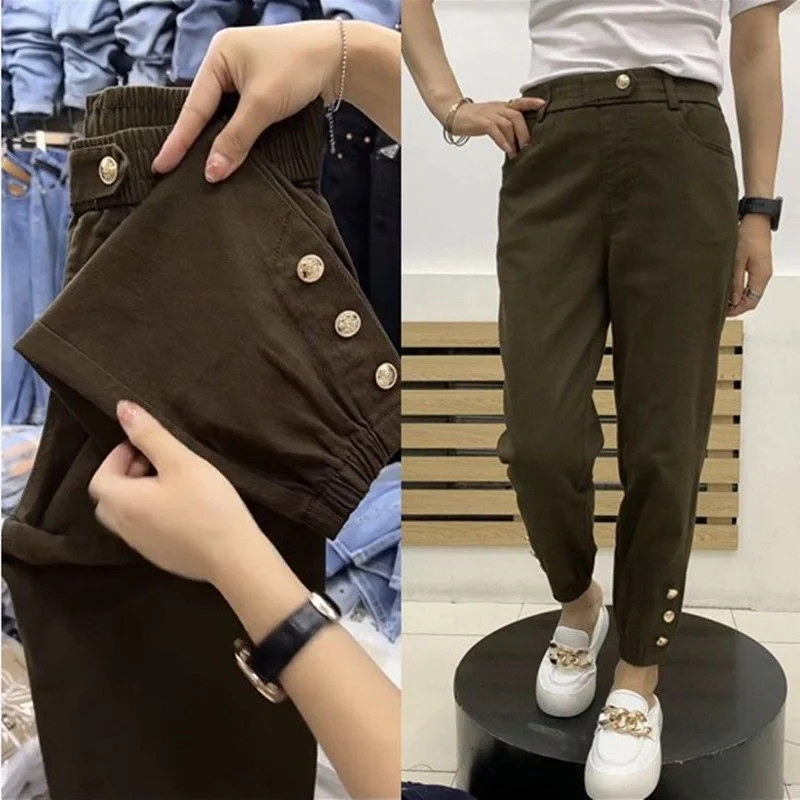 

2024 Spring Autumn New Korean Women Jiufen Pants Elastic High Waist Loose Casual Washed Harem Cotton Sportspants Female Trousers