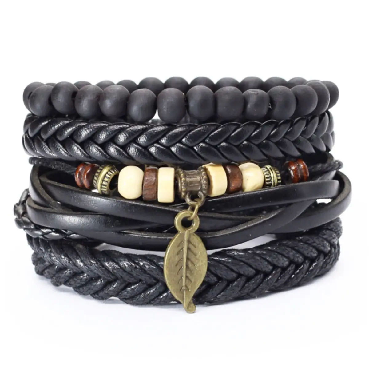 4Pcs/ Set Braided Wrap Leather Bracelets for Men Vintage Life Tree Rudder Charm Wood Beads Ethnic Tribal Wristband Rope Bracelet