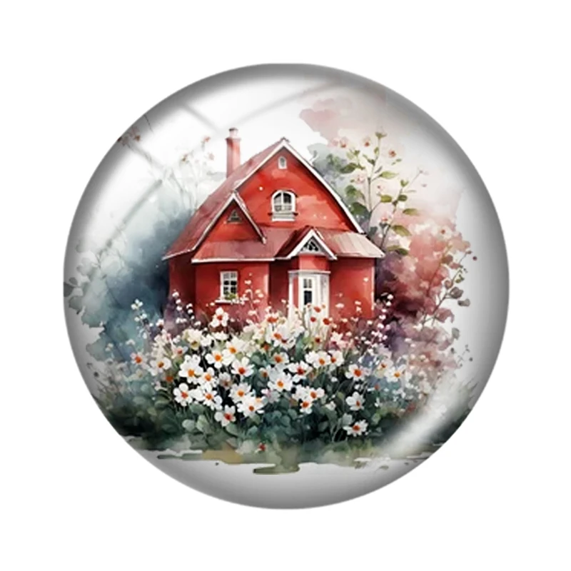 Watercolor cute red house with flowers  10pcs 12mm/18mm/20mm/25mm Round photo glass cabochon demo flat back Making findings
