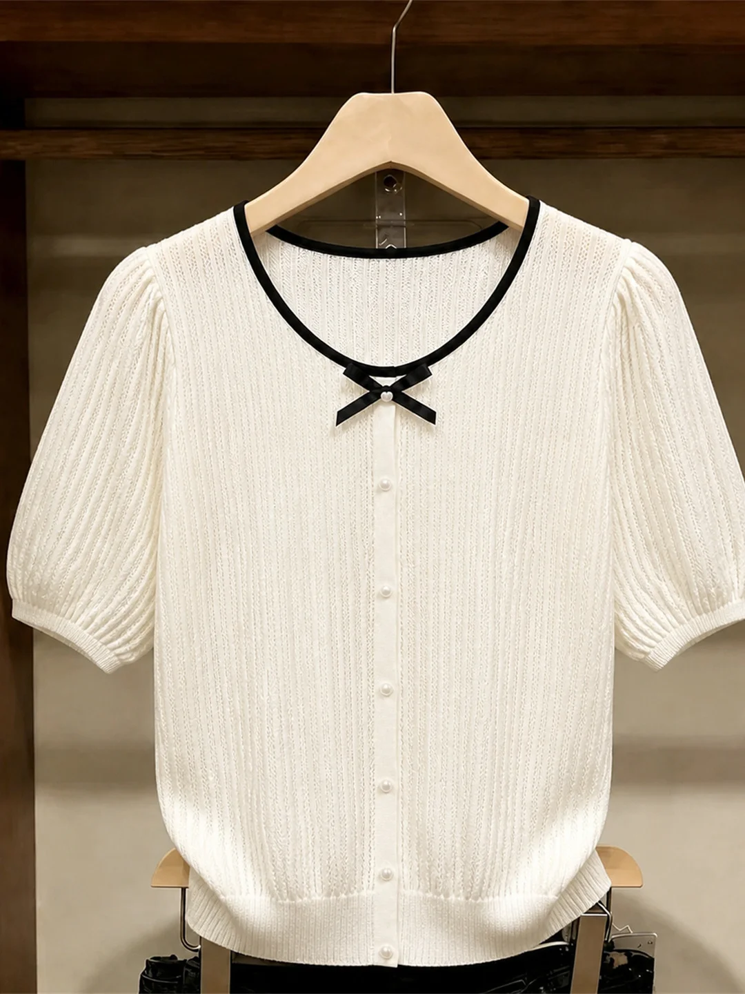 

Chic Summer Short Sleeve Knitted Top Women's Knot Color Block round Neck Commute Fashionable Shirt Korean Style Str...
