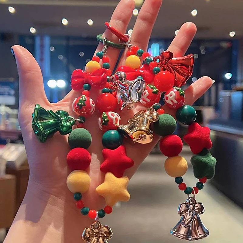 Multi Colored Bead Christmas Element Bell Five-pointed Star Keychain Bag Pendant Ins Fashion Mobile Phone Lanyard Universal