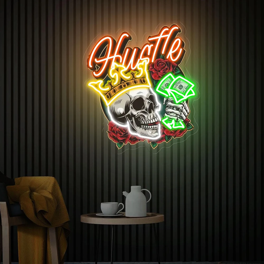 Rich Skull LED Neon Sign Light Pop Art Hustle Neon Wall Decor Custom Home Office Room Decoration Personalized Christmas Gifts