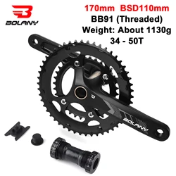 Bolany Road Bicycle Crankset 110BCD Hollow Crank 170mm MTB Double Layer One-Piece Crank Chainring 34-50T Round Hole Crankset