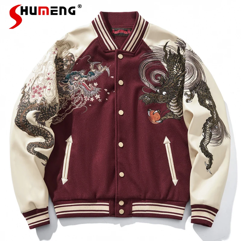 

Dragon Year Red New Embroidery Jacket Men's And Women's Couple Baseball Uniform Coat National Fashion Long Sleeve Baggy Chaqueta