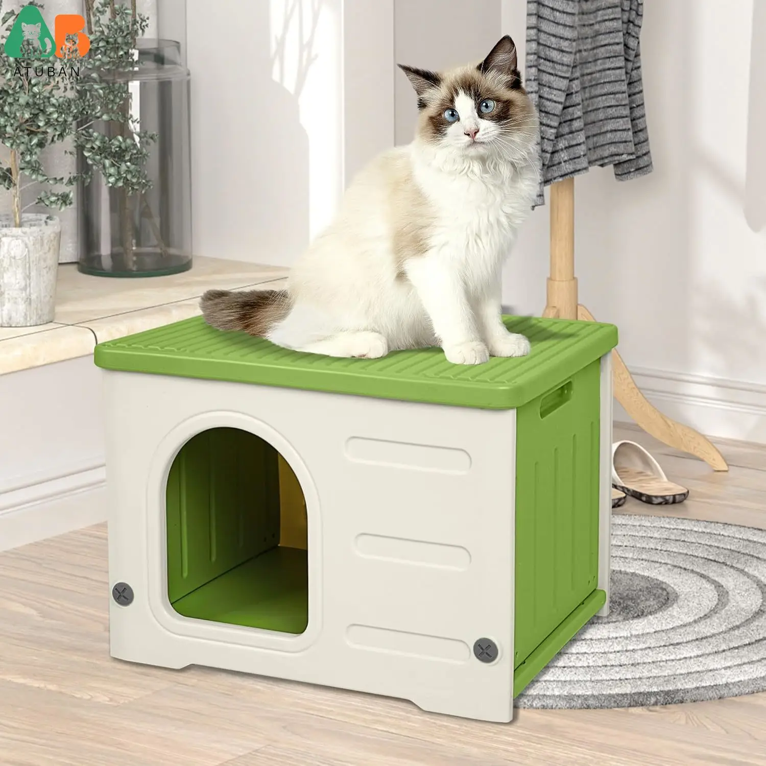 ATUBAN Plastic Cat House for Outdoor Indoor Use, Stackable Feral Cat Shelter Indoor Cat House Insulated Weatherproof Waterproof