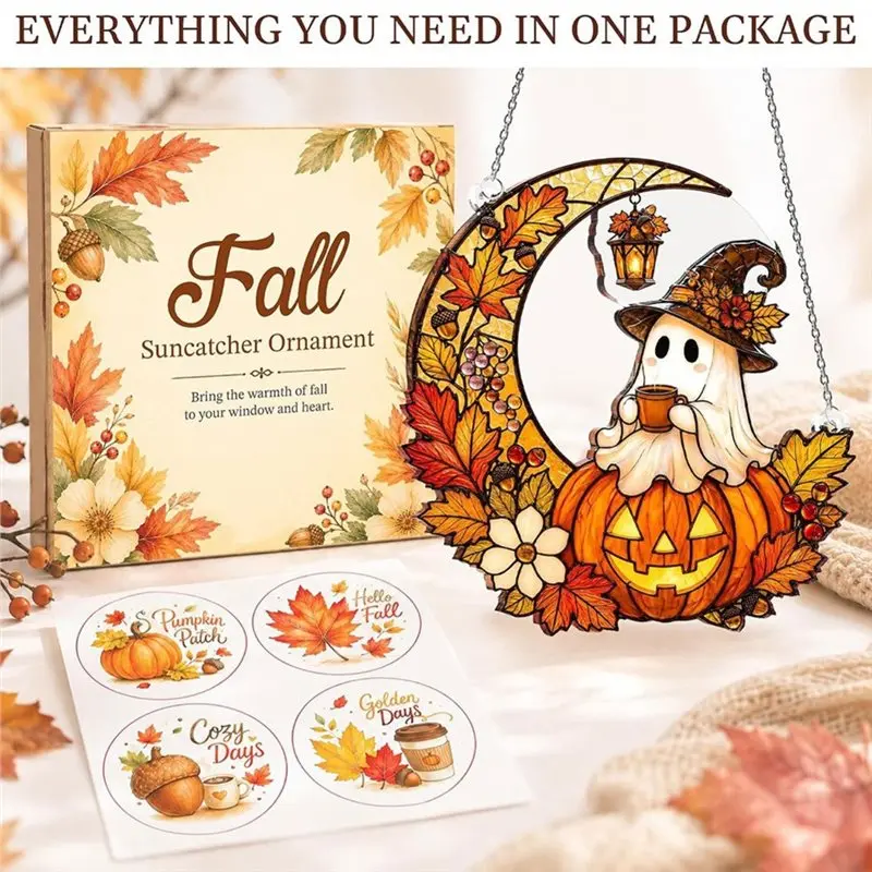 ABDJ-Basket Stuffers For Women, Ghost Pumpkin Ornament, Faux Stained Glass Cute Halloween Suncatcher, Fall Decor