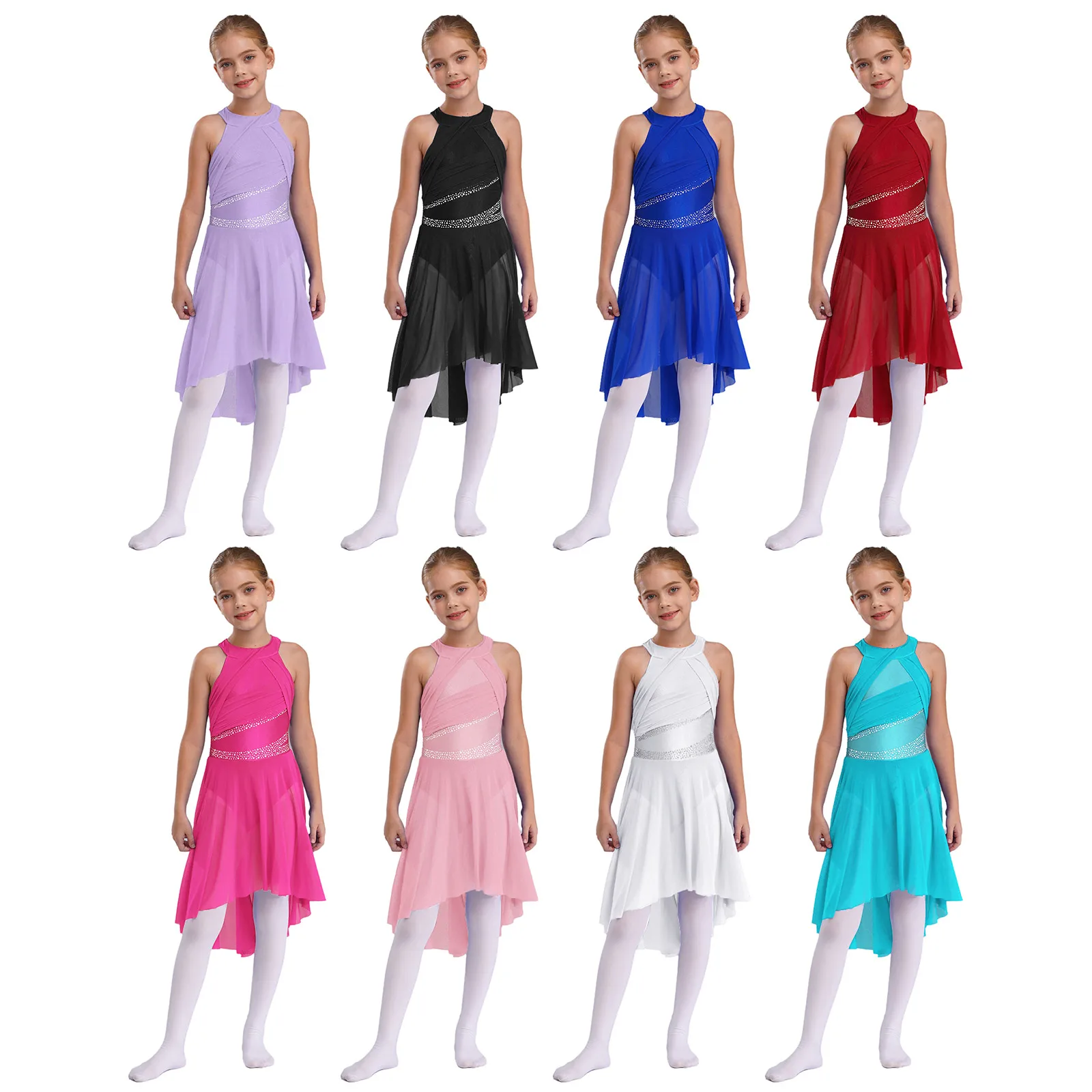 

Girls Lyrical Latin Dance Dress Sleeveless Shiny Rhinestone Kids Modern Dance Gym Performance Leotard Competition Wear Dancewear