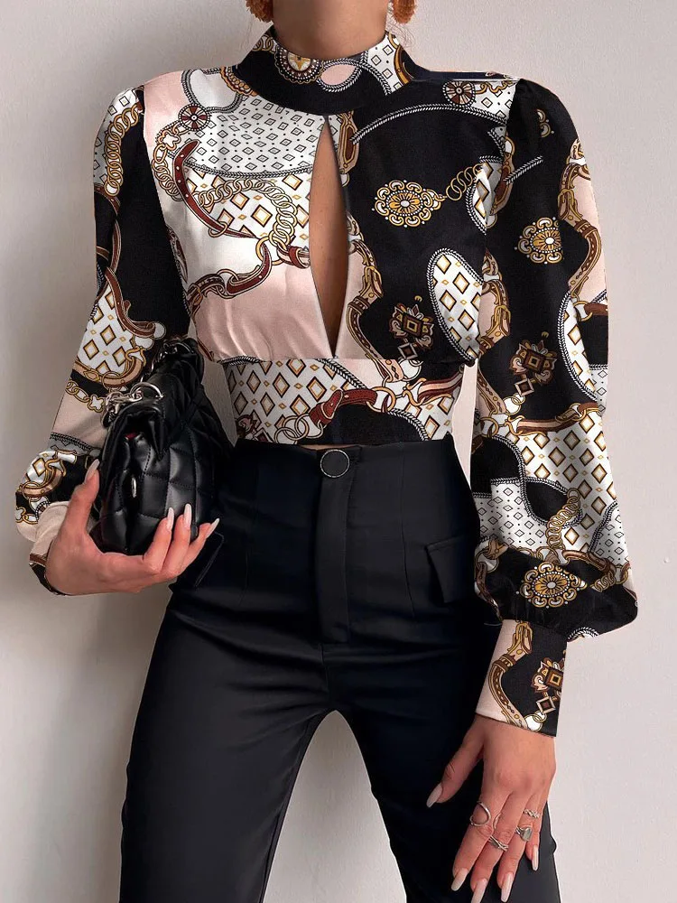 Spring Women Sexy Backless Hollow Print Shirts Tops 2024 Casual Stand Long Sleeve Office Lady Blouses Fashion Party Crop Top