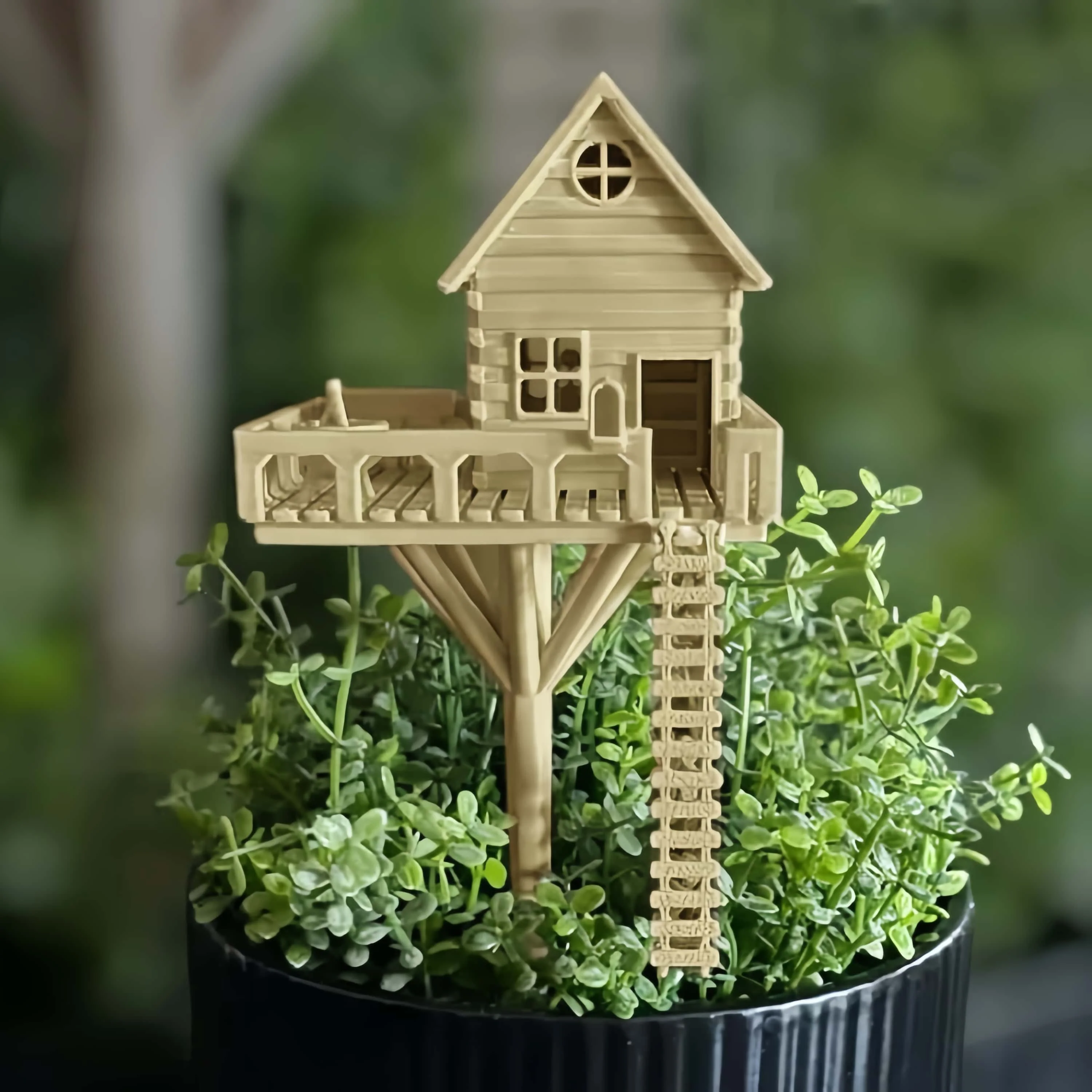 Mini Treehouse Planter Decoration, Plastic Garden Ornament with Ladder for Succulents, Bonsai, Indoor Plant Pot & Home Decor