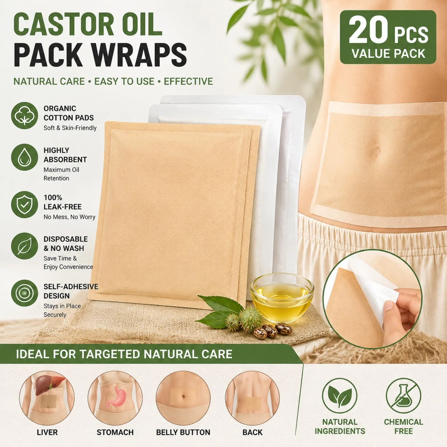 20PCS Castor Oil Patches,Disposable Self-Adhesive Cotton Pads,Highly Absorbent Oil Wraps for Belly,Body Care, Home Spa&Daily Use