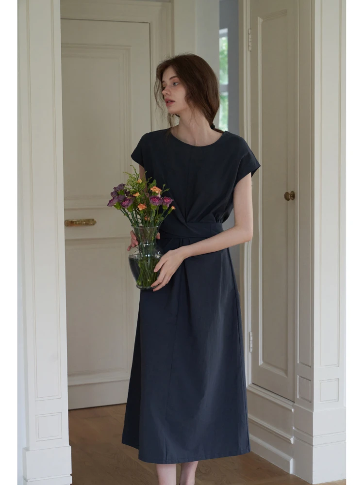 

Летнее платье миди Eggka с круглым вырезом, завязками, коротким рукавом, завышенной талией, простым французским кроем, из полиэстера, для похудения