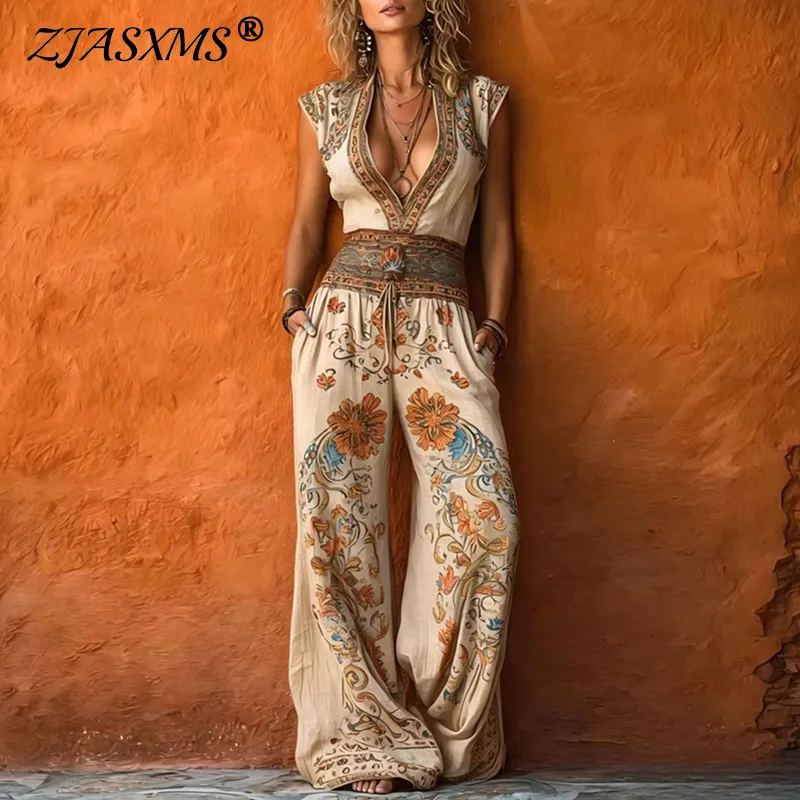 Retro Ethnic Floral Print Jumpsuit Women V Neck Sleeveless Lace Up Loose Wide Leg Pants Overalls Lightweight Travel Beach Romper