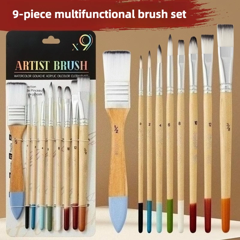 9 Pcs Oil Scrubbing Brush Set Mixed Head Nylon Hair Art Student Painting Wooden Short Rod Large Area Watercolor Powder Supplies