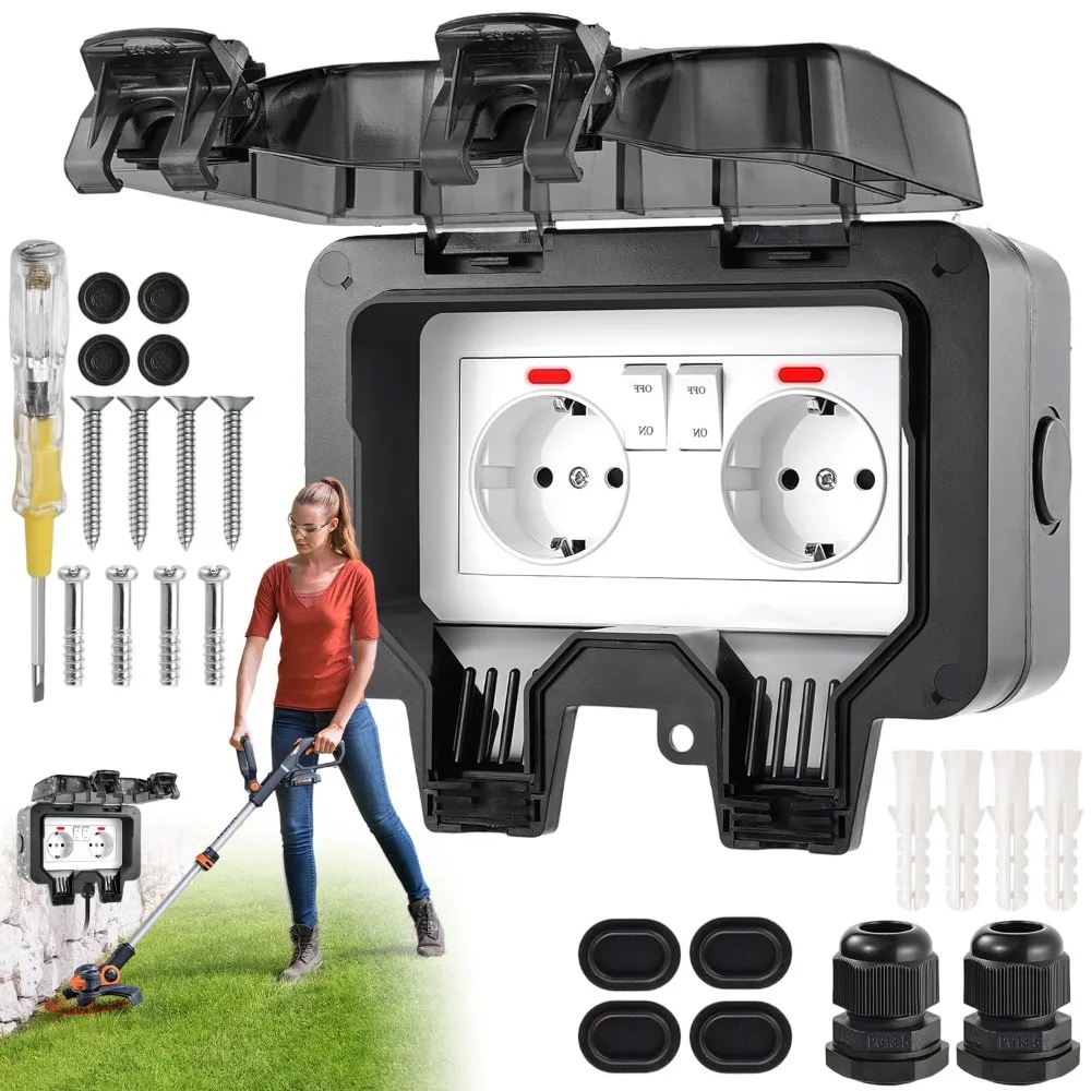 Prise étanche IP66 avec couvercle de protection pour jardin, garage, cuisine et salle de bain – Accès électrique sûr intérieur/extérieur pour la recharge de tondeuses à gazon, sèche-cheveux de salle de bain et utilisation résistante aux intempéries pour la rénovation ou l'agriculture.