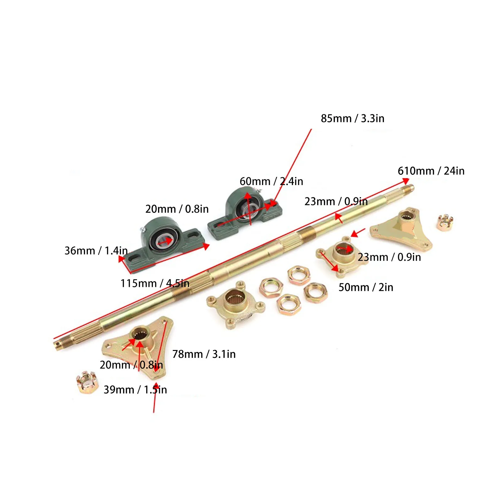 24inch Rear Axle Shaft Kit Metal Anti Impact Hubs Fixing Mounts Flanges Set for 50‑150CC ATVs Quads Drift Trikes