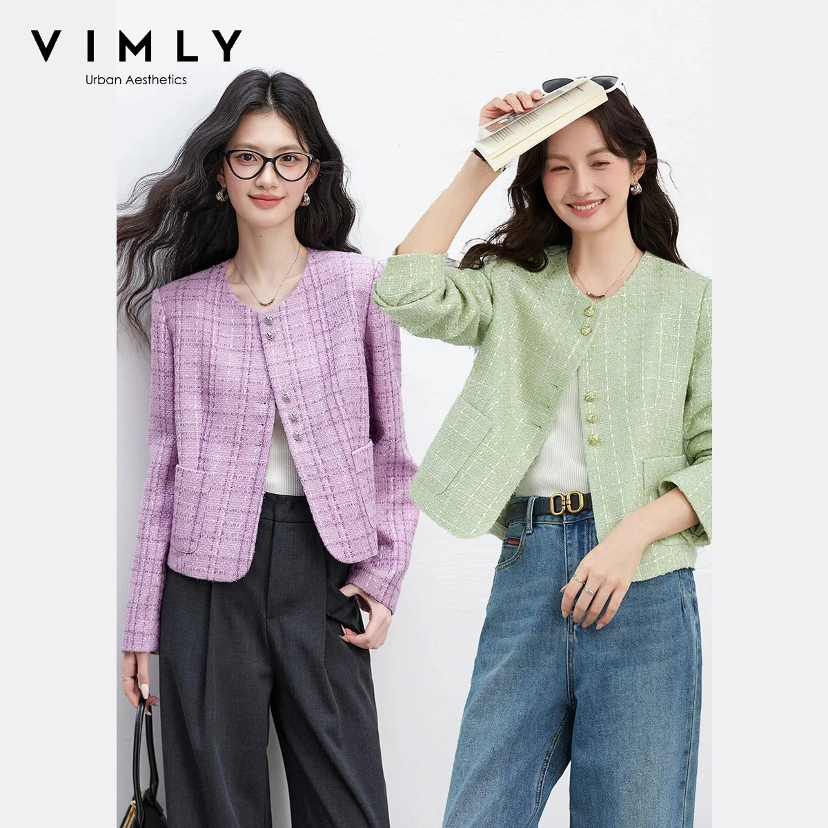 

VIMLY Tweed Short Jackets Women 2026 Spring Elegant Round Neck Pocket Coats Patchwork New in Outerwears Women's Clothing A5072