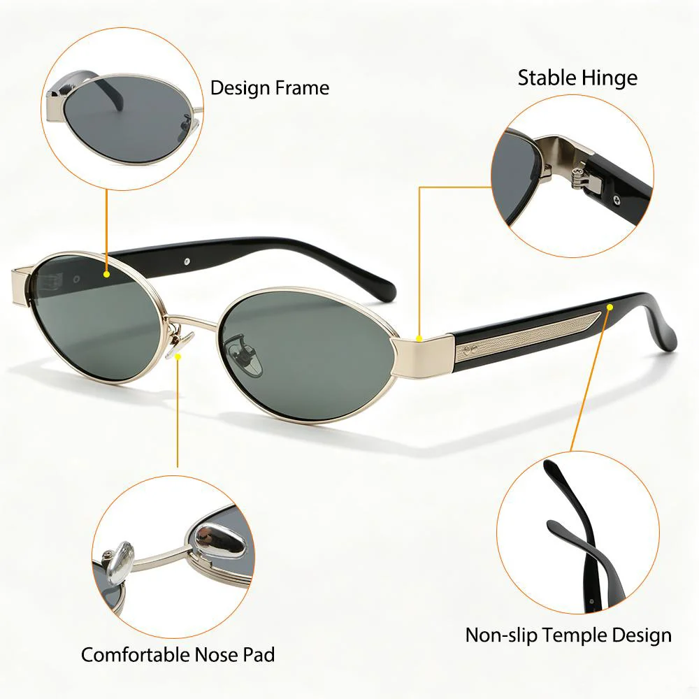 CATERSIDE Neue Retro-Sonnenbrille für Herren, hochwertige Metall-Sonnenbrille mit ovalem kleinem Rahmen, Damen-Sonnenbrille für den Außenbereich, Street-Hip-Hop-Brille, UV400 – Detail 3