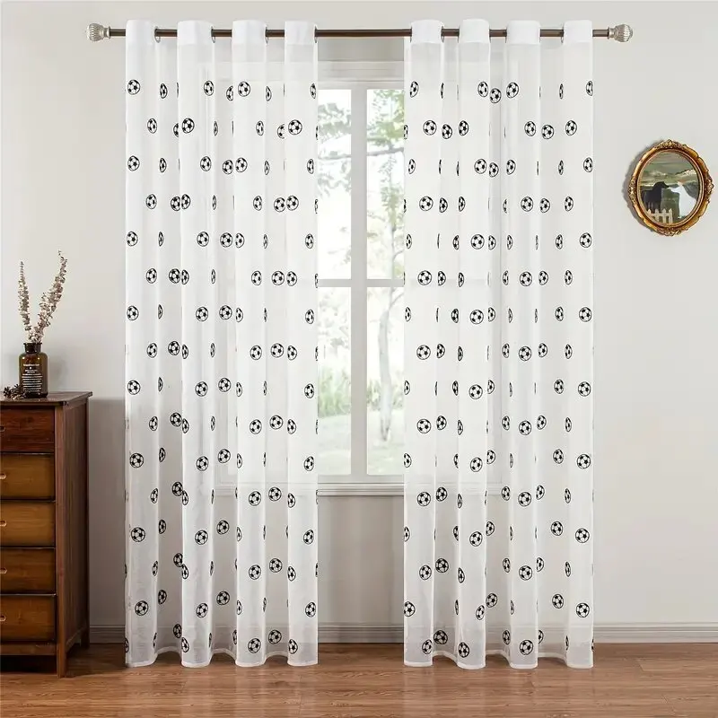 Korean Cartoon Football Embroidered Sheer Tulle Curtain White  Transparent Window Screen Grommet For Childrens Room Living Room