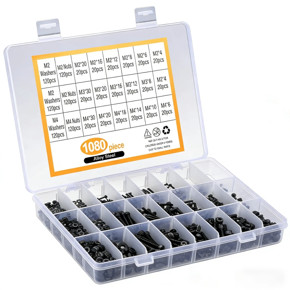 1080Pcs M2M3M4*4/6/8/10/12/16/18/20/30 screw set,Alloy steel OR stainless steel Hexagon Hex Socket Head cap Screw Washer Nut Kit