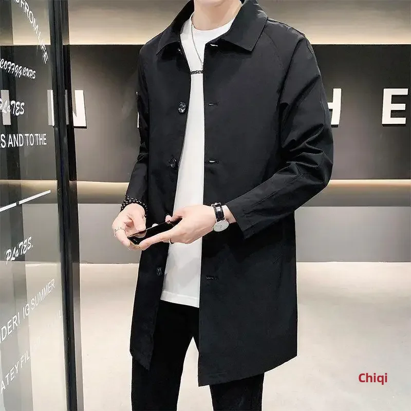 Spring Autumn Men's Fashion Trench Lapel Single-Breasted Medium-Length Jacket Casual Youthful Korean Style Long Outerwear Coats