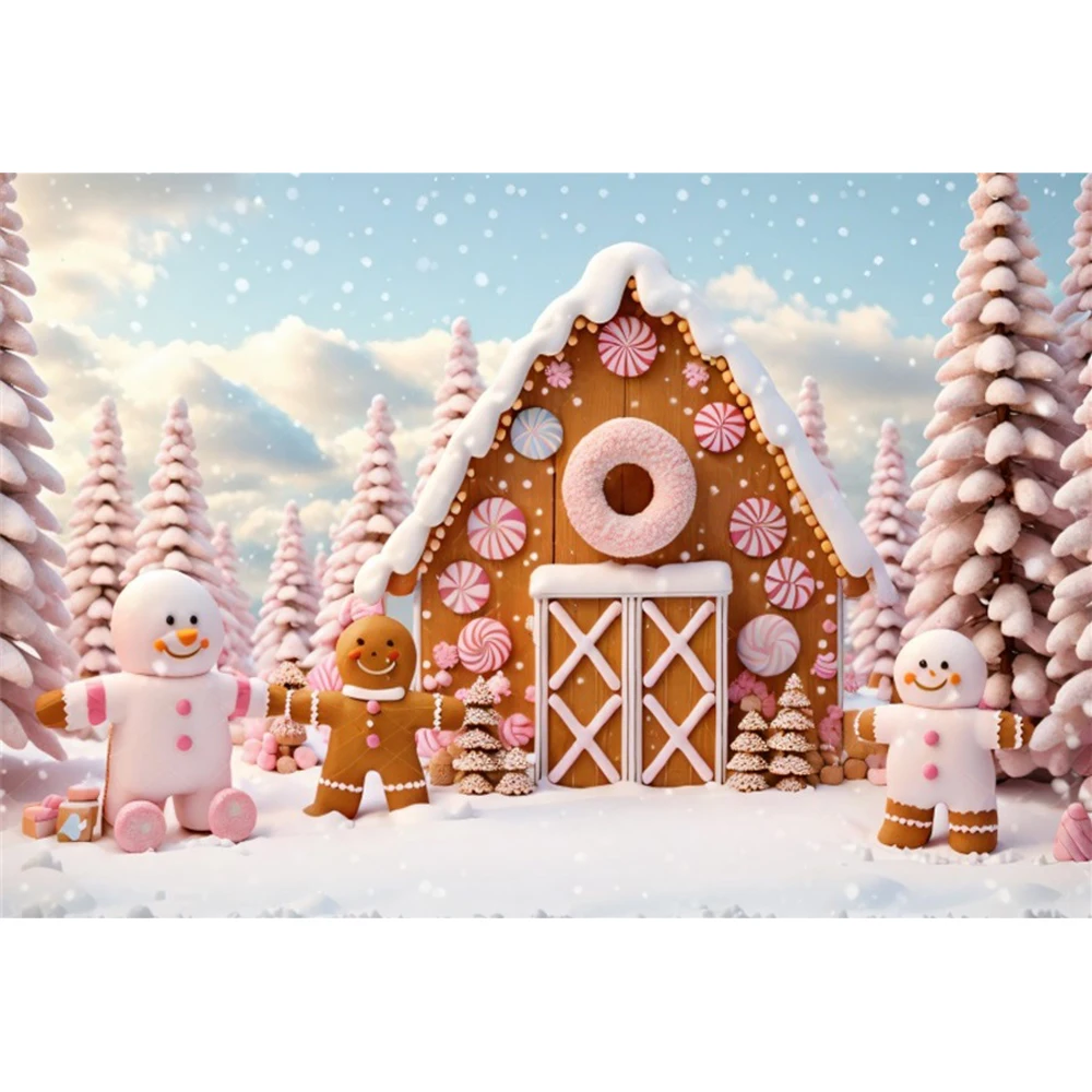 Laeacco Christmas Candy House Lollipop Background Winter Snowflake Forest Snowman Kids Birthday Portrait Photography Backdrop