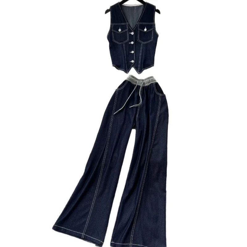 

Summer Two Piece Set Women Pant Sets V Neck Denim Y2k Streetwear Matching Sets Vest Top Wide Leg Long Pants Lace Up High Waist