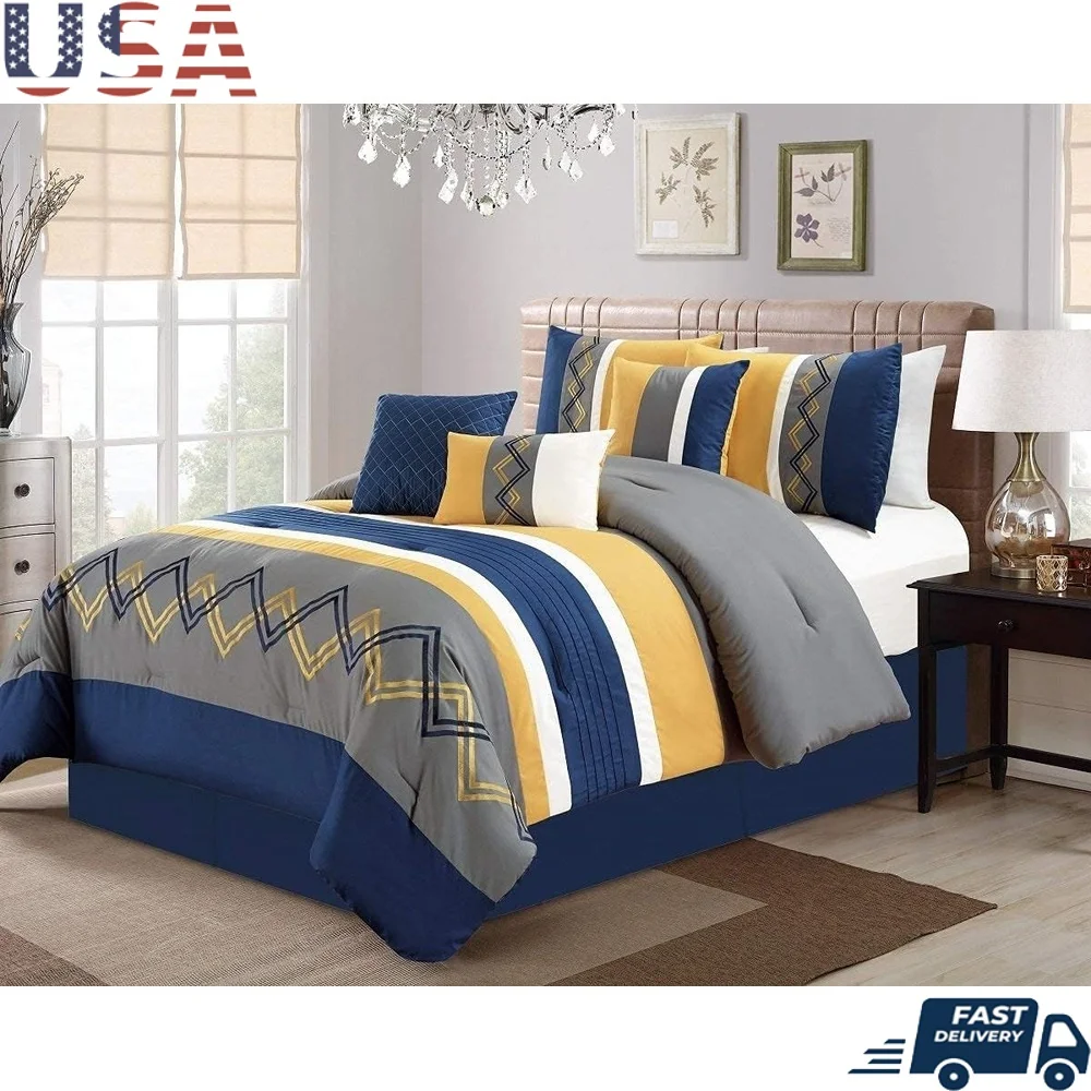 

Современный плиссированный комплект постельного белья с вышивкой в полоску из 7 предметов Queen включает одеяло Шамс Подушки Постельное юбка Легкий уход