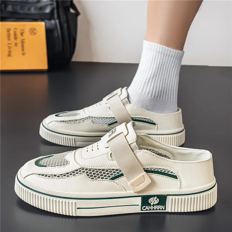 2026 Summer Men Perforated Mesh Half Slippers innovative Design Youth Beach Sandals Outdoor Slip-on Breathable Casual Flat Shoes