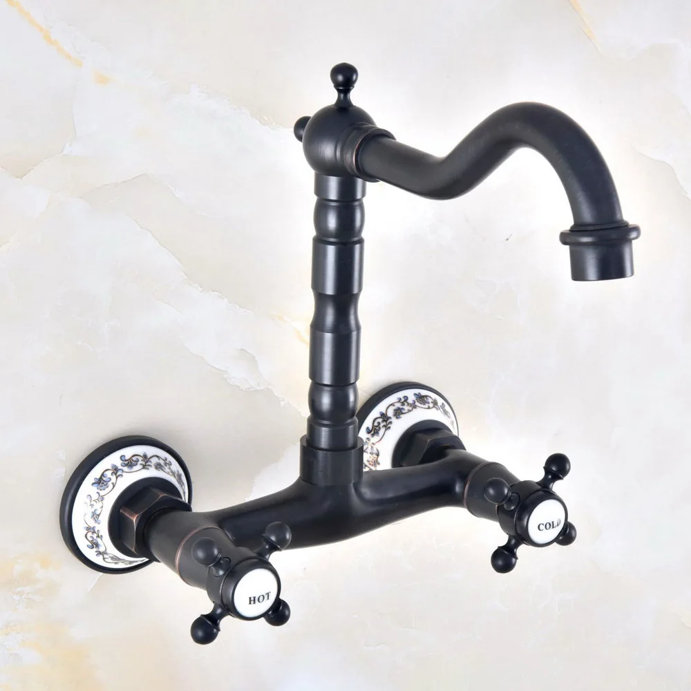 

Black Oil Rubbed Brass Kitchen Sink Faucet Wall Mounted Double Handle Bathroom Basin Cold And Hot Mixer Tap Lnf460