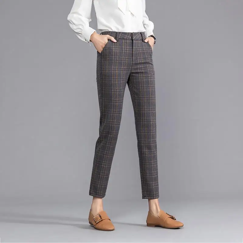 

Office Lady Koreon Clothing Fashion Plaid Suit Pants High Waist Women New Pockets Spring Autumn Female Straight Casual Trousers