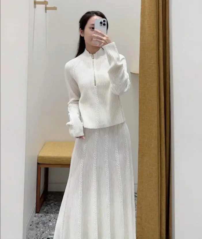 2025 feminino elegante terno de duas peças com zíper em torno do pescoço manga comprida cardigan ou saia midi