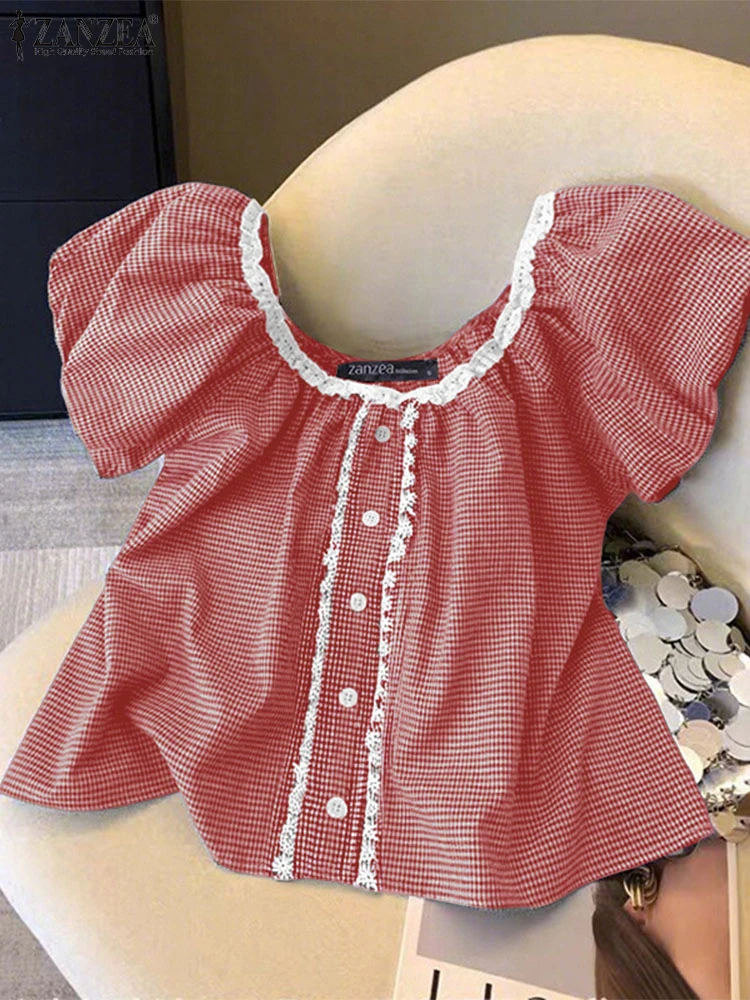 

ZANZEA клетчатые топы, женские блузки, винтажные кружевные блузки, летние туники с короткими рукавами и круглым вырезом, 2025 г., повседневные свободные пуловеры, S-3XL