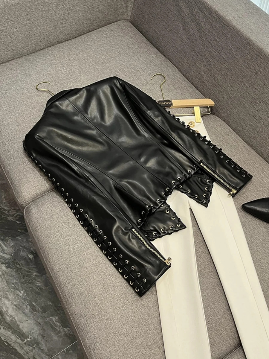 Fashionable Heavy Duty Belted Slim Fit Leather Jacket Suit Jacket A20655 New Arrival Celebrity Style Commute Wind