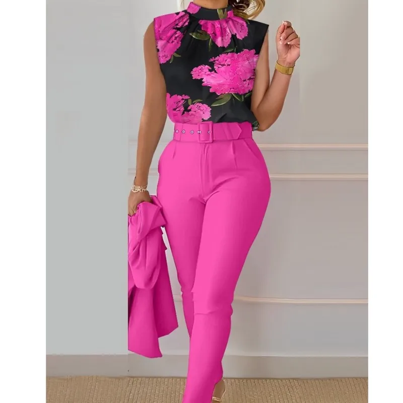 Frauen Elegante Ärmellose Druck Hemd Und Hose Sets Lässige Mode Oansatz Dünne Hosen Zwei Stück Set 2025, Sommer Büro Dame Outfit